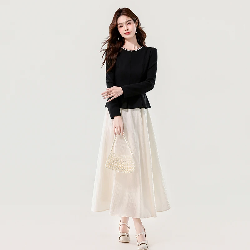 Autumn French Elegant High-end 2 Piece Set Women's O-Neck Beaded Top + Apricot Color Long Skirt Casual Chic Minimalist Outfit