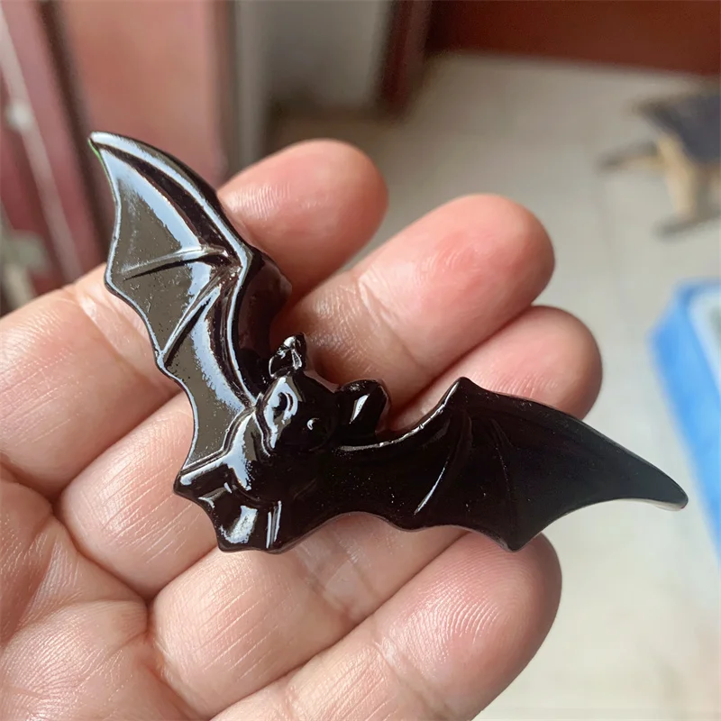 Figurine d'ailes de chauve-souris en obsidienne noire naturelle artisanat, cristaux de guérison, sculpture, cadeau d'Halloween, décoration de la maison, 1 pièce