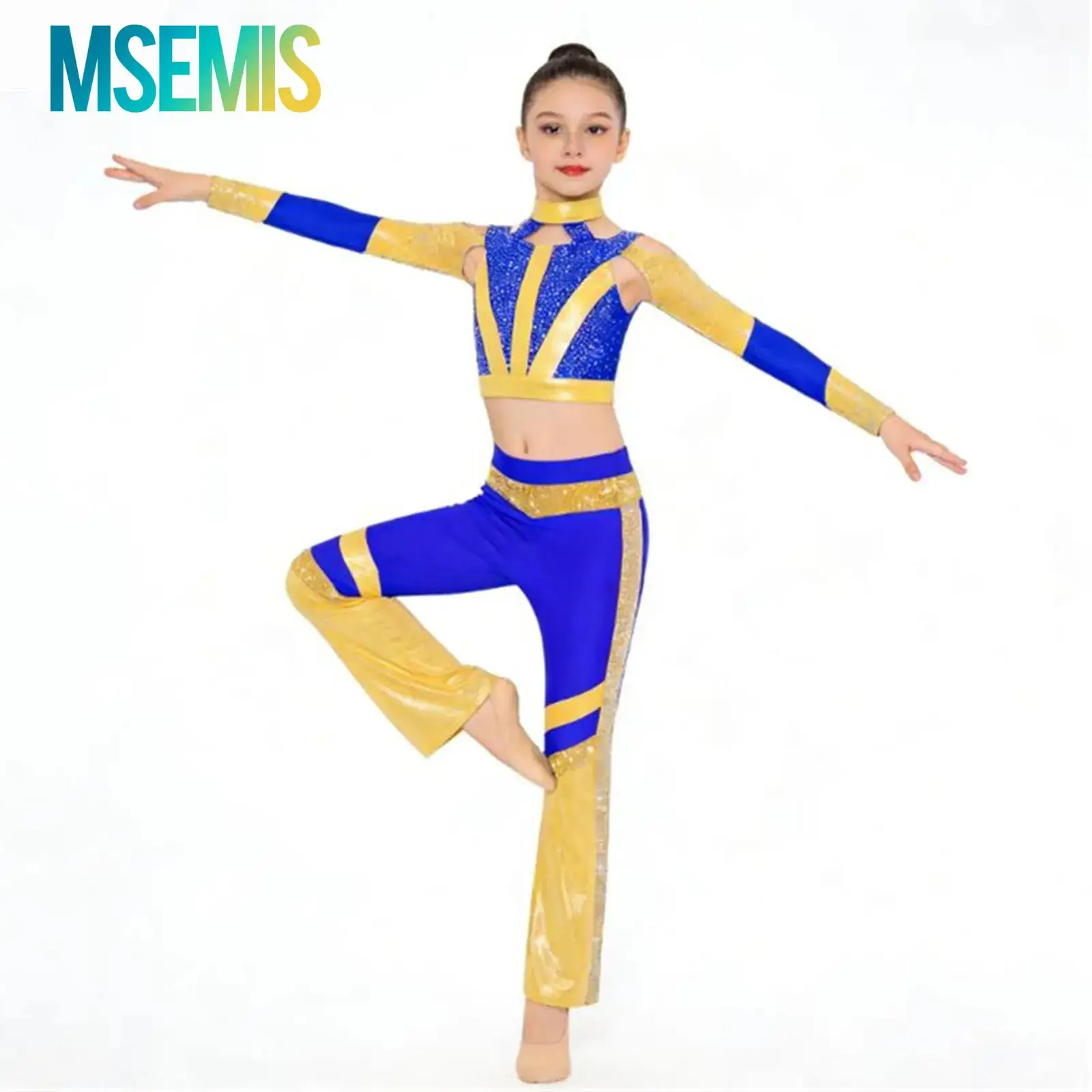 Kids Girls Rhythmic Gymnastics Acrobatics Figure Skating Ballet Jazz Dance Costume Shiny Rhinestone Crop Top with Flared Pants