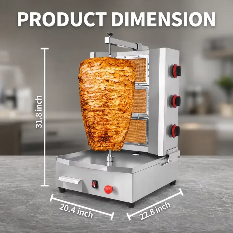 New Commercial 3 Burner Shawarma Grill Machine Stainless Steel Automatic Rotating Vertical Skewer Hold 154 Pounds of Meat