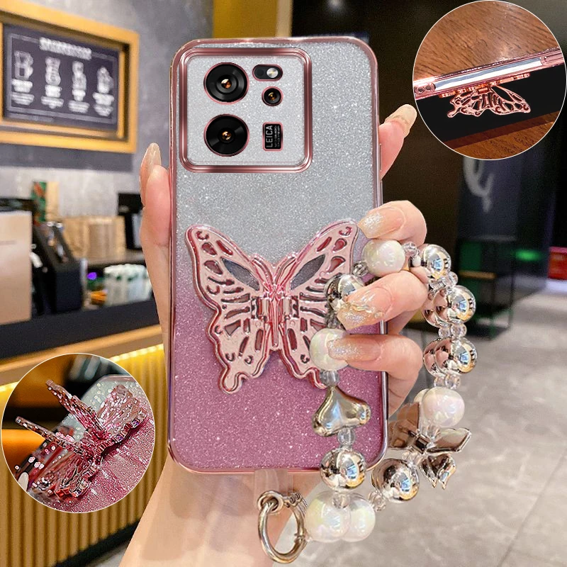 

Mi11Tpro 10Tpro Glitter Plating Butterfly Holder Silicone Case for Xiaomi 11T 10T Pro 13T Mi 11 Lite Shockproof Cover Girls Gift