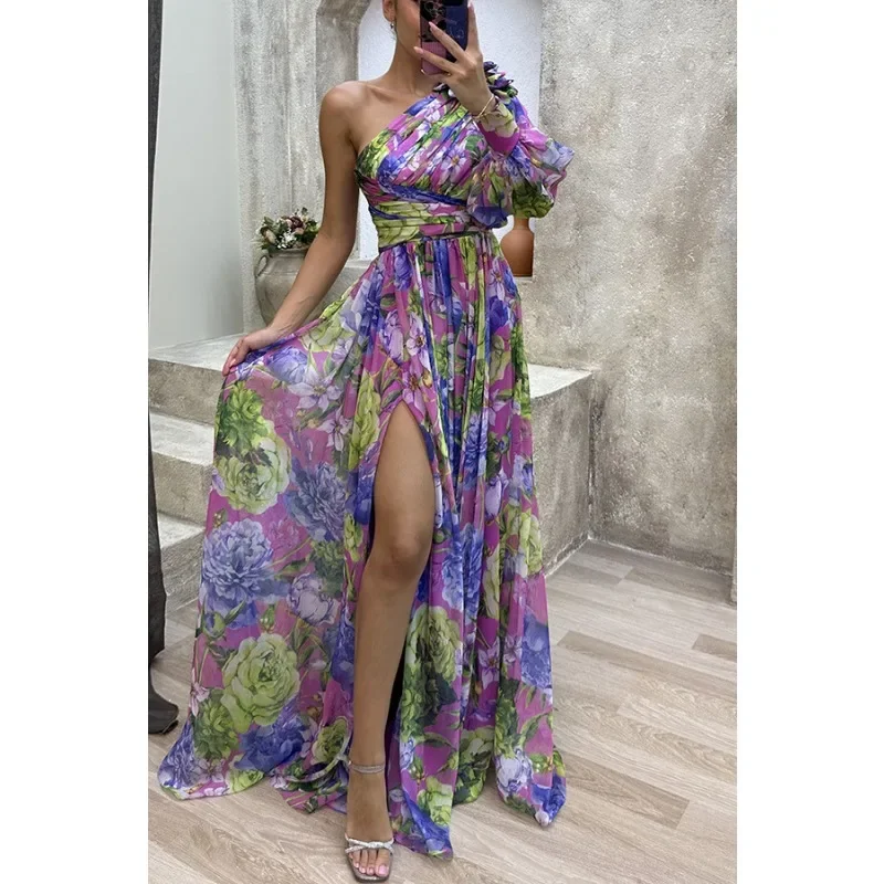 Vestido informal con abertura y estampado atado en la cintura de manga larga de otoño para mujer con cuello inclinado y hombros descubiertos vestido de moda para fiesta navideña