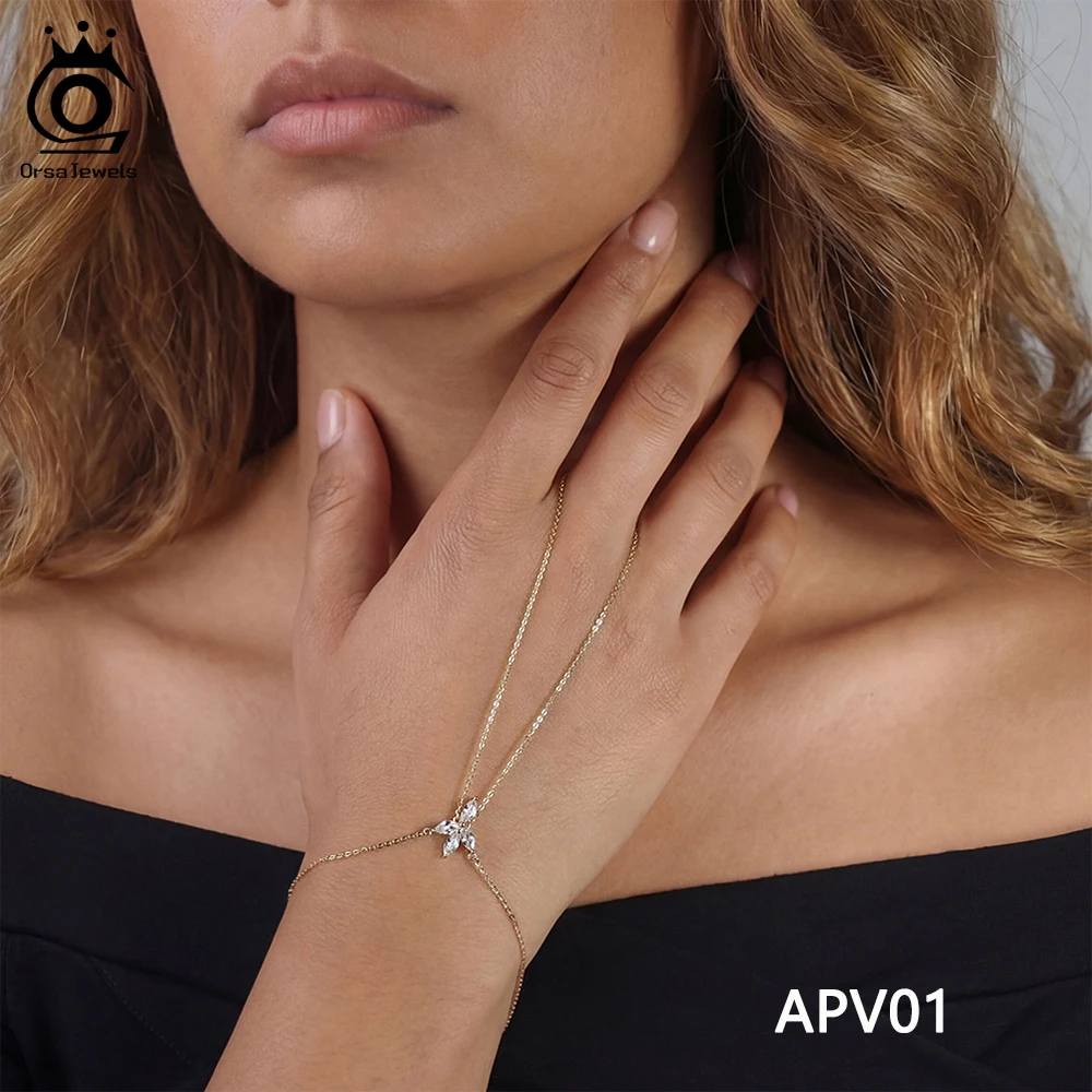 ORSA JEWELS 925 Sterling Silver 5A Cubic Zircon Link Chain Bracelet Party Connected Finger Ring Bracelet Chain Hand Jewelry Gift