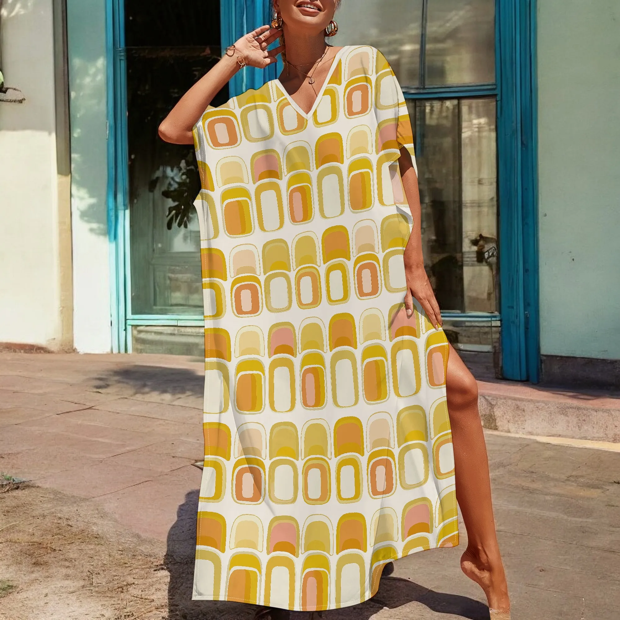 

Retro Abstract Oval Print Kaftan Dress S-3XL – Warm Yellow & Pink Design for Summer Vibes