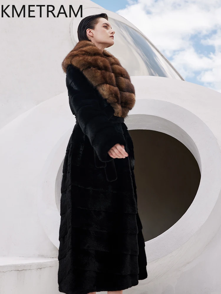 100% Natural Mink Fur Jacket Woman High Quality Long Real Fur Coat Sable Collar Winter Coats Women Clothing 2025 шуба женская