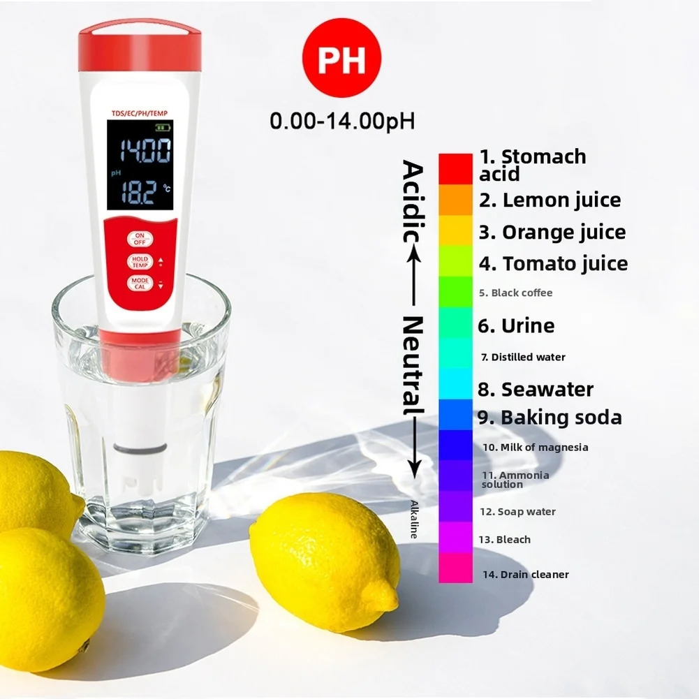 Water Test Pen for For PH Total Dissolved Solids Conductivity and Temp 0.01 For PH Resolution 0-14 For PH Range 0-9999 ppm