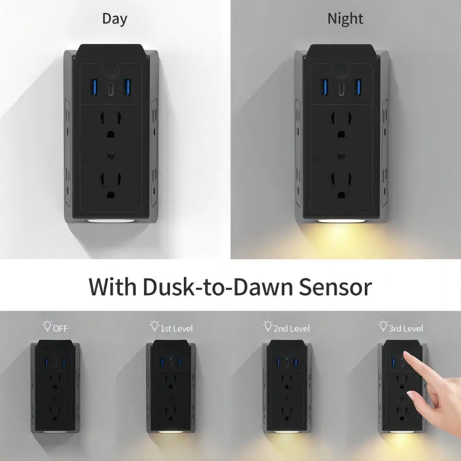 USB Wall Charger, Multi Plug Outlets Extender with Night Light, Expander Multi Plug Splitter