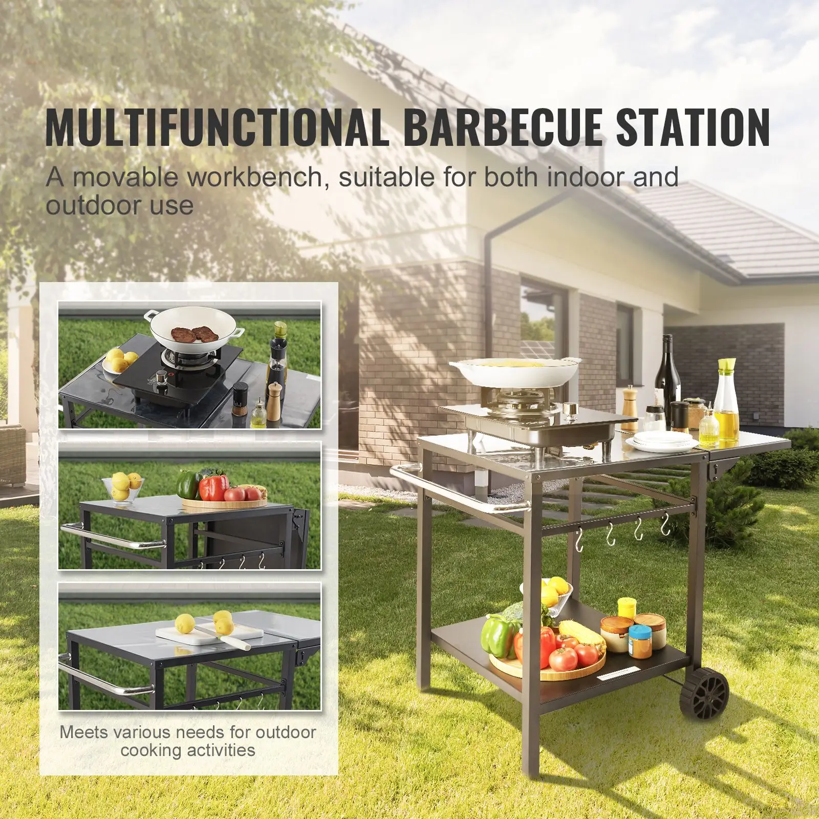 Outdoor Grill Dining Cart with Double-Shelf, BBQ Movable Food Prep Table, Multifunctional Foldable Iron Table Top, Portable Modular Carts for Pizza Oven, Worktable with 2 Wheels, Carry Handle