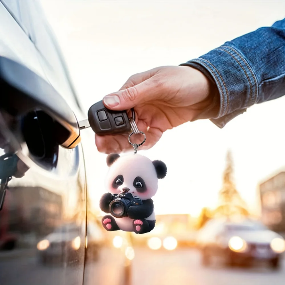 Panda Camera 2D Flat Acrylic Pendant Keychain Cute Cartoon Panda Baby Ornament Charms Hanging Decoration for Car Bags Party Gift