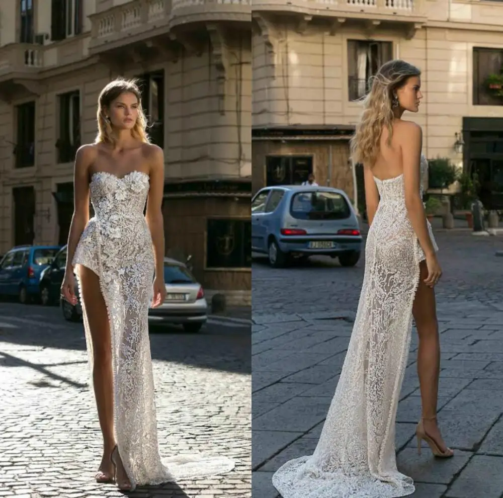 

Sexy High Slit Mermaid Wedding Dresses Sweetheart Sleeveless Backlesss Ball Gown Cathedral Appliques Lace Vestidos De Novia