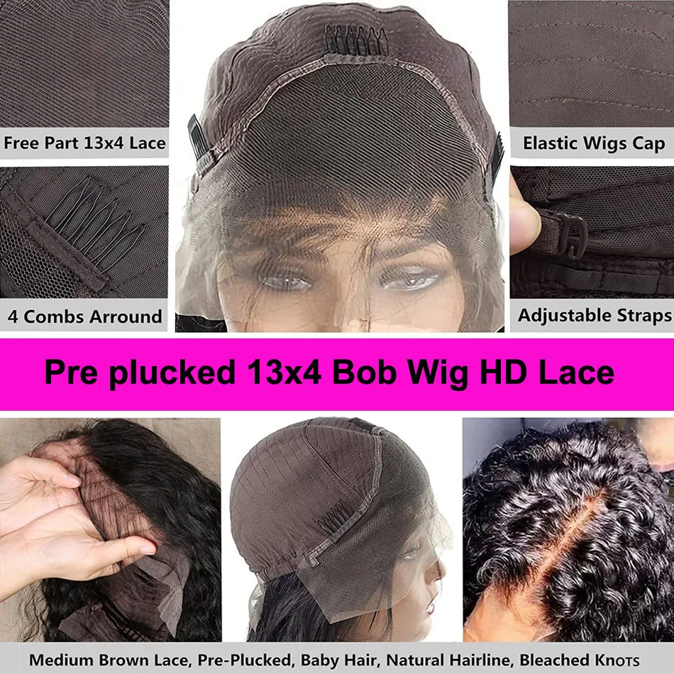 Perruque Bob Lace Wig sans colle naturelle, cheveux humains, Deep Wave, 4x4, 13x4, pour femmes