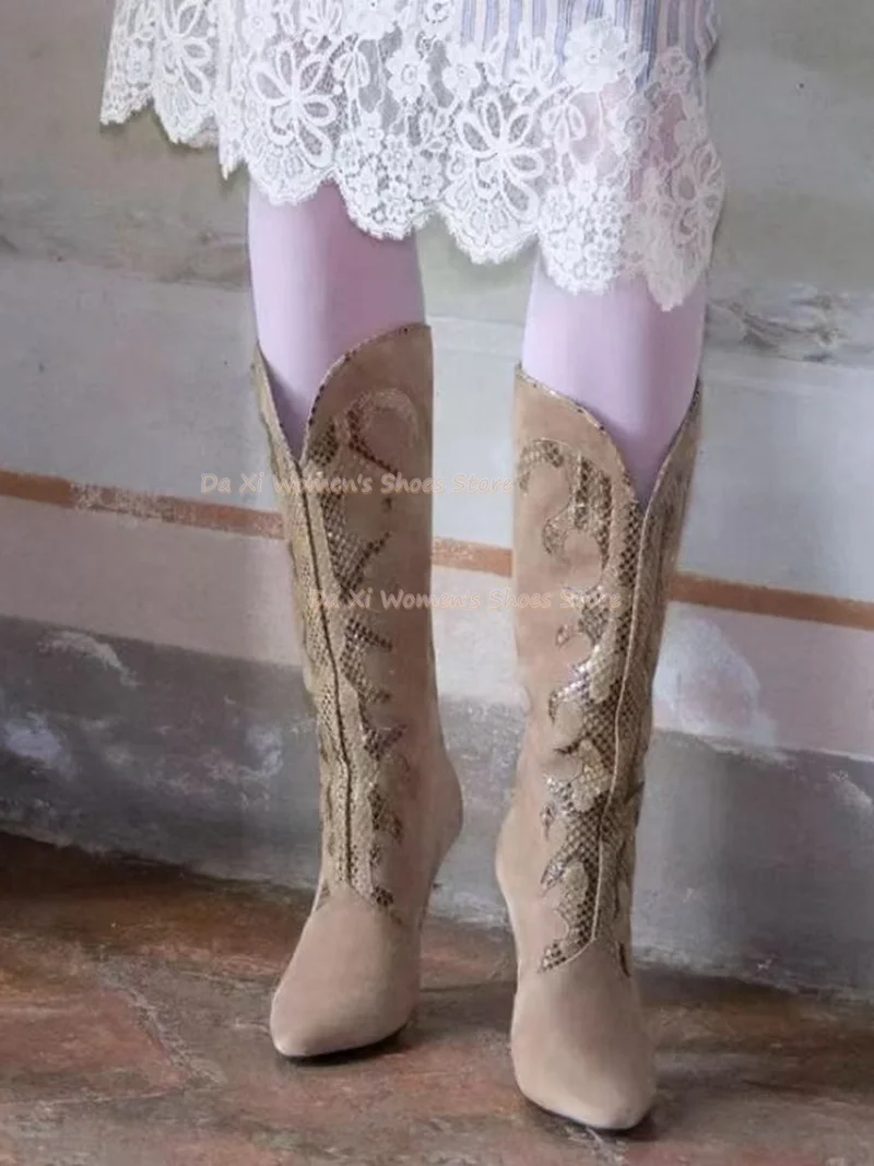 Snake Pattern Splicing Design Knee-Length Cowboy Boots Pointed Tip Stiletto Heels V-shaped Incision Retro Fashion West Boots
