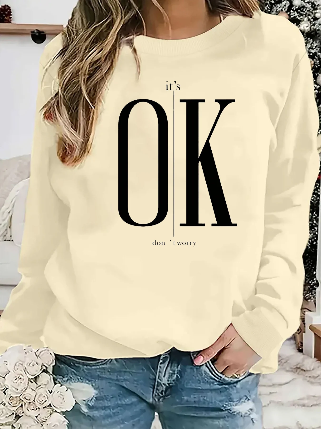 بلوفر نسائي كاجوال للخريف والشتاء فضفاض ومريح ودافئ ومطبوع برقبة دائرية وأكمام طويلة