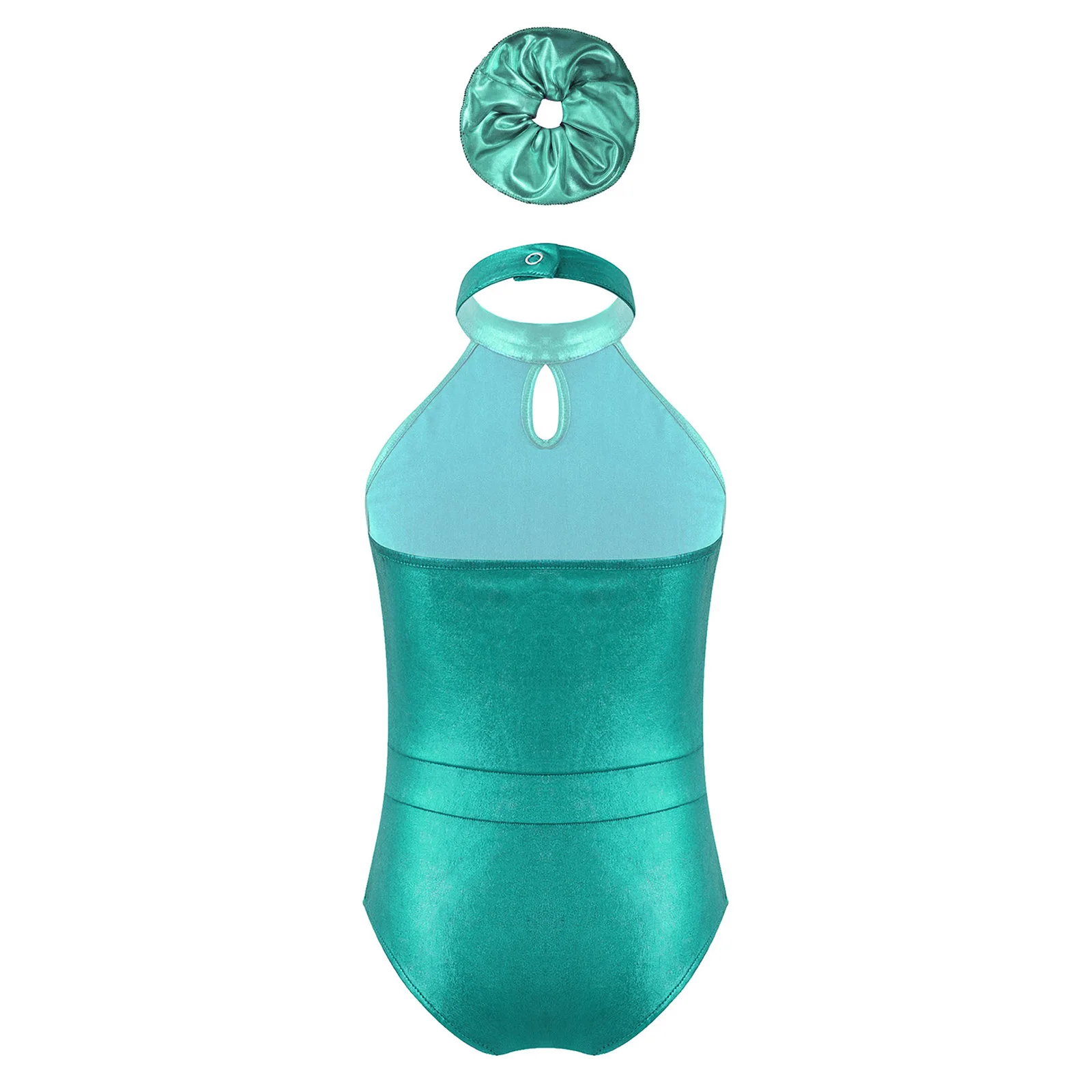 

Kids Girls Ballet Gymnastics Leotard Sleeveless Halter Sequins Backless Dance Bodysuit +Hairband Metallic Figure Skating Outfit