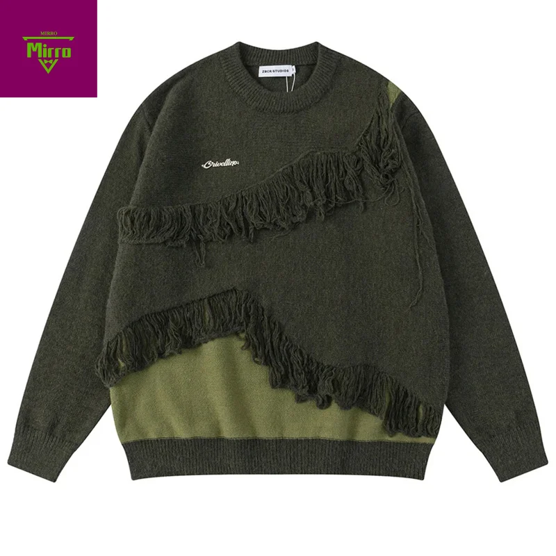 【Mirrordust】Tassel Patchwork Sweaters Men Vintage Oversized Hip Hop Sweaters Knitted Jumpers Harajuku Y2K Sweaters Knitwear