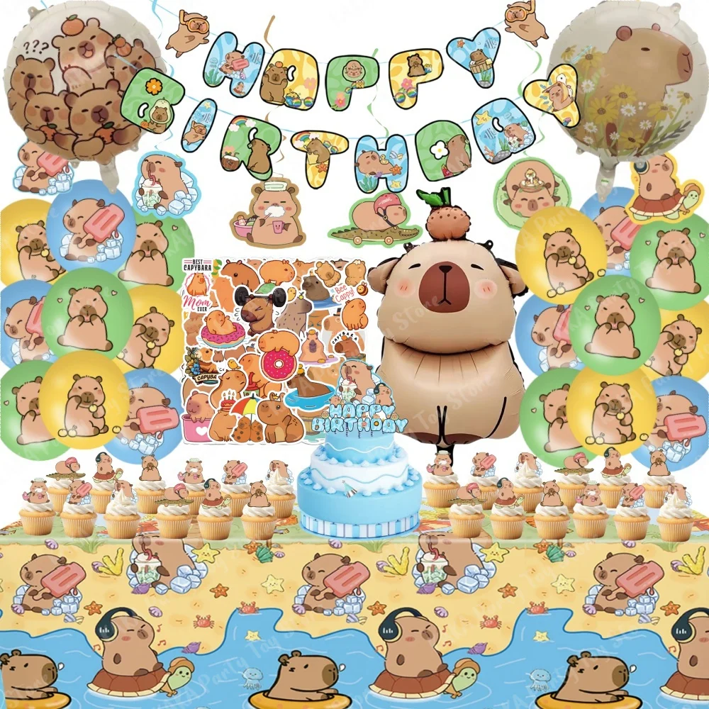 Capybara Birthday Decorations Include Banner Balloon Stickers Hanging Swirls Cake Toppers Tablecloth for Kids Party Supplies