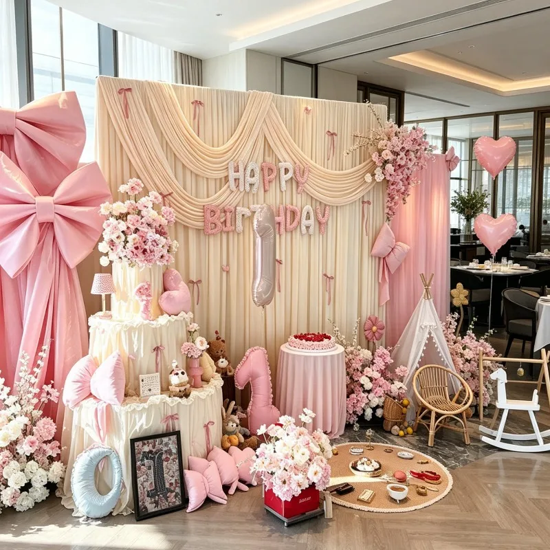 Baby's first birthday decoration, little princess oversized pink bow Korean cloth mantle background wall scene