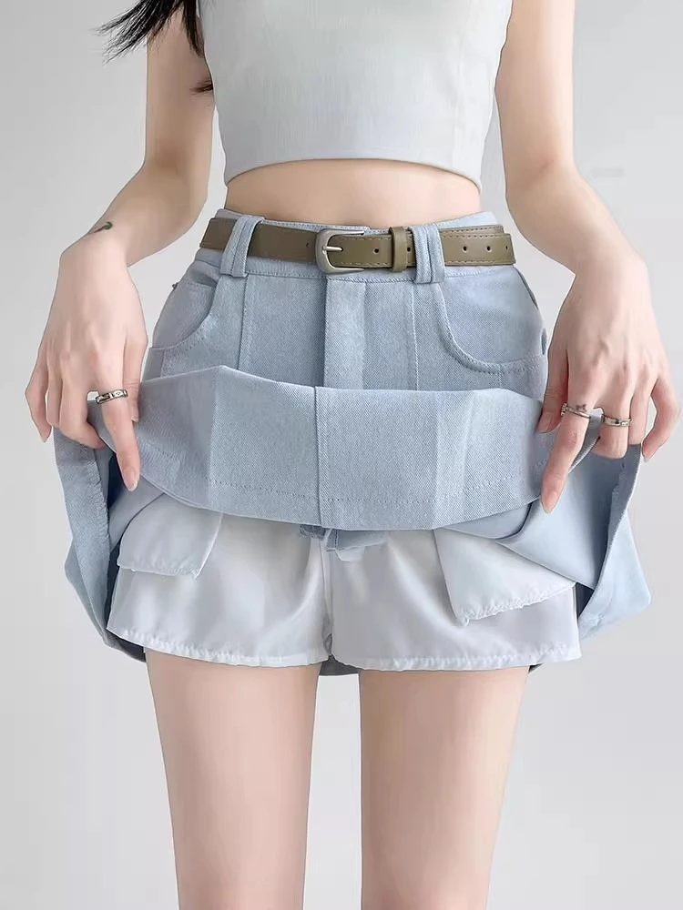 Blue Pleated Skirt Women Summer New Fashion Elegant Anti Glare A-Line Culotte High Waist Wash Cotton Suit Half Body Dress Female