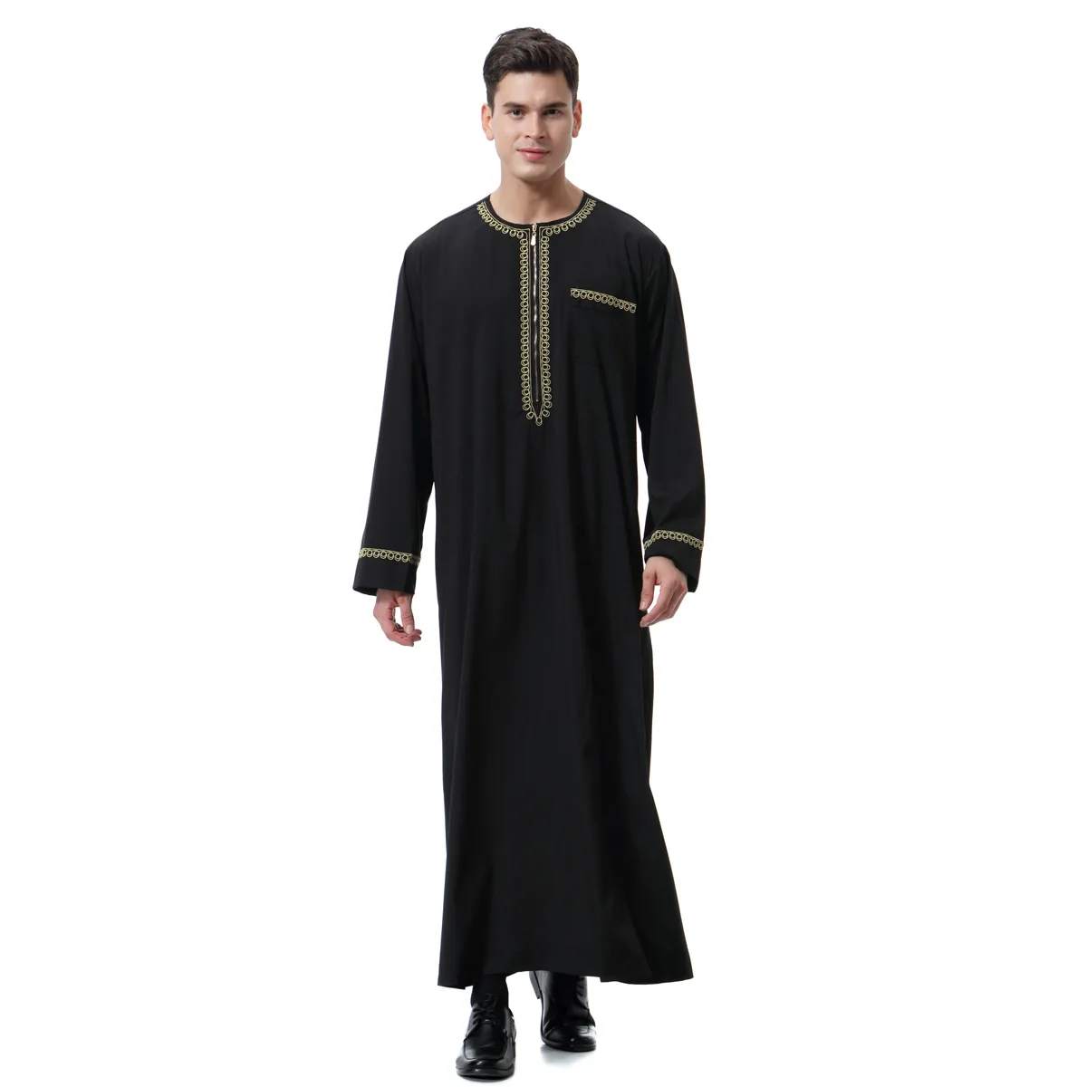 Middle Eastern Men\'s Printed Zipper Round Neck Robe Saudi Arabia Muslim Fashion Men\'s Medieval Halloween Cosplay Robe