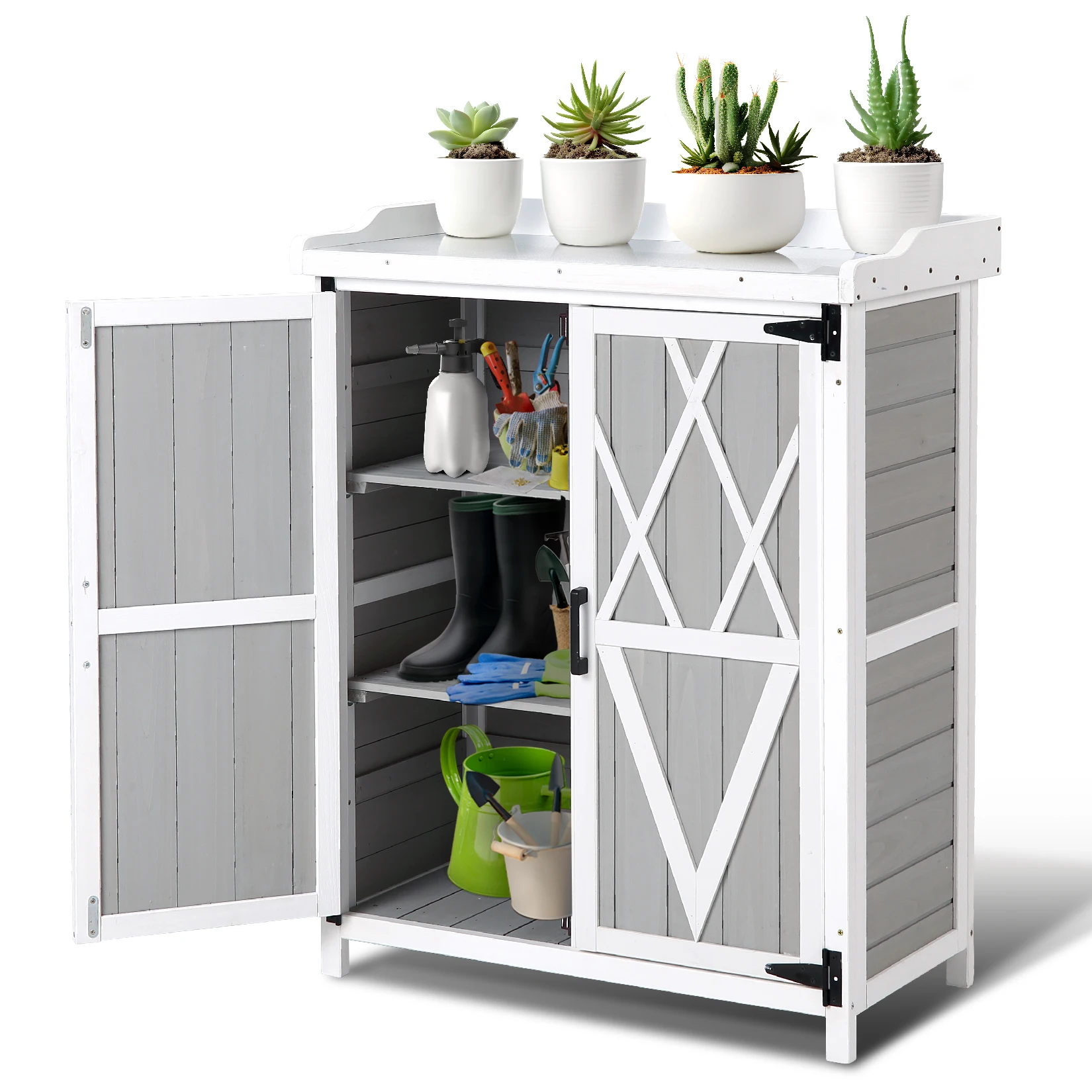 Outdoor Wooden Potting Bench Table with Waterproof Metal Top – Adjustable Shelves & Double Doors – Versatile Garden Storage Cabinet Workstation – Perfect for Patio, Backyard, Lawn – White