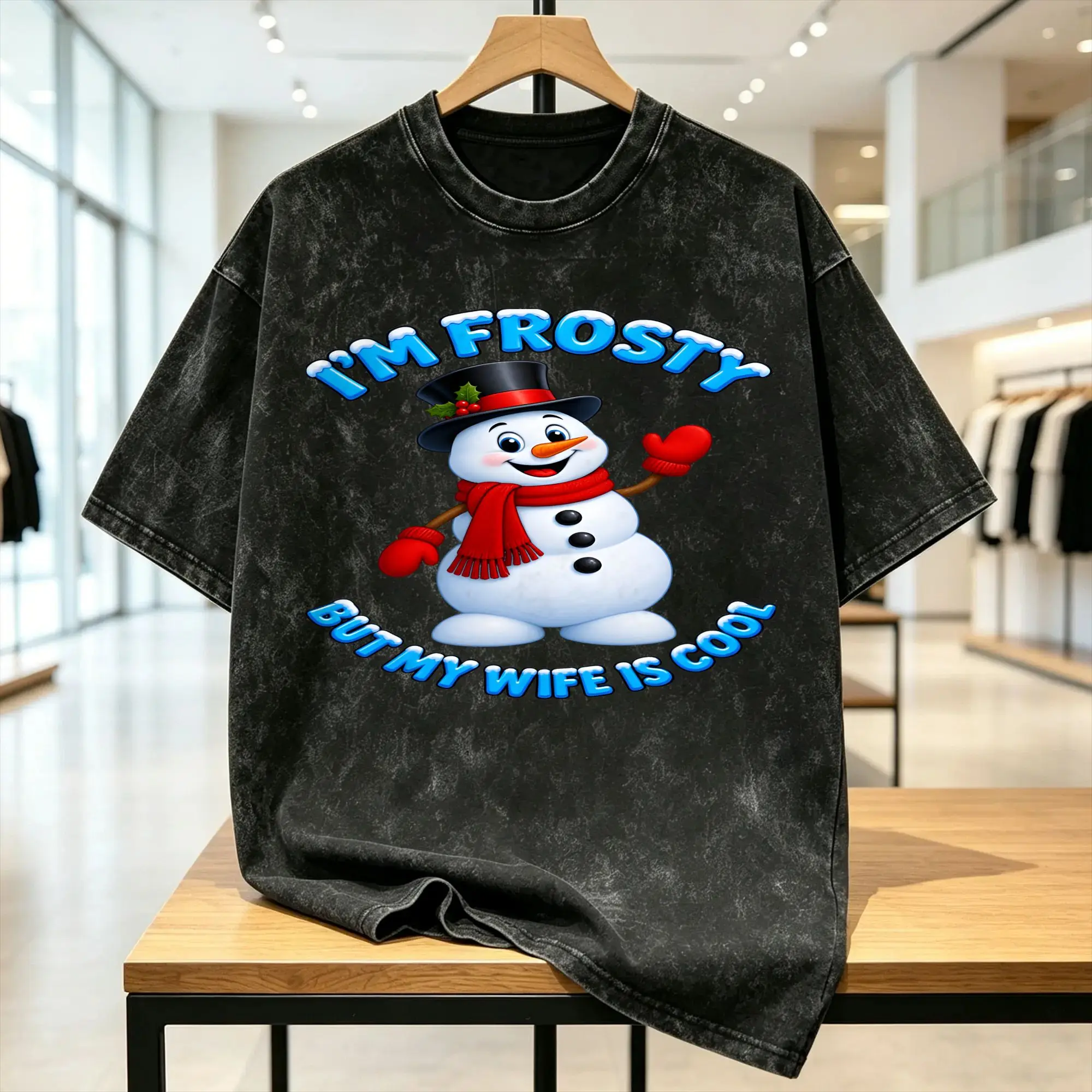 Casual Snowman Frostys T-Shirt for Men Crewneck 100% Cotton Washed T Shirts I'm frosty but my wife is cool  Short Sleeve T Shirt