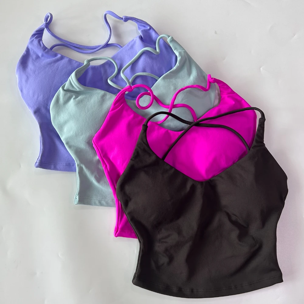 Nahtloses Trägertop Rückenfreies Gepolstertes Gym-Top für Damen mit überkreuzten Rückenriemen, eingebautem BH, herausnehmbaren Cups, Activewear Yoga-Shirt Tanktops – Detail 4