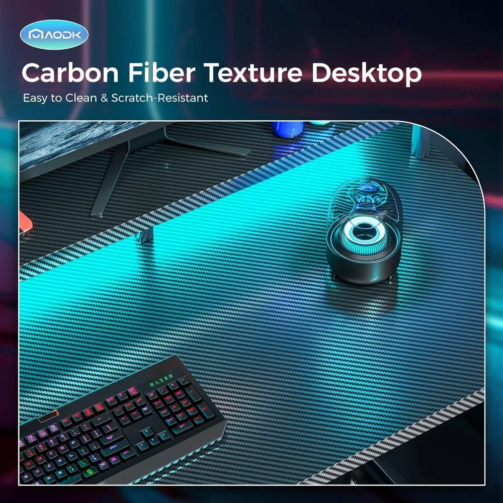 Computer Desk, 48 Inch Gaming Desk with Led Lights & Power Outlet, Office Desk with Printer Storage Shelves, Reversible Desk