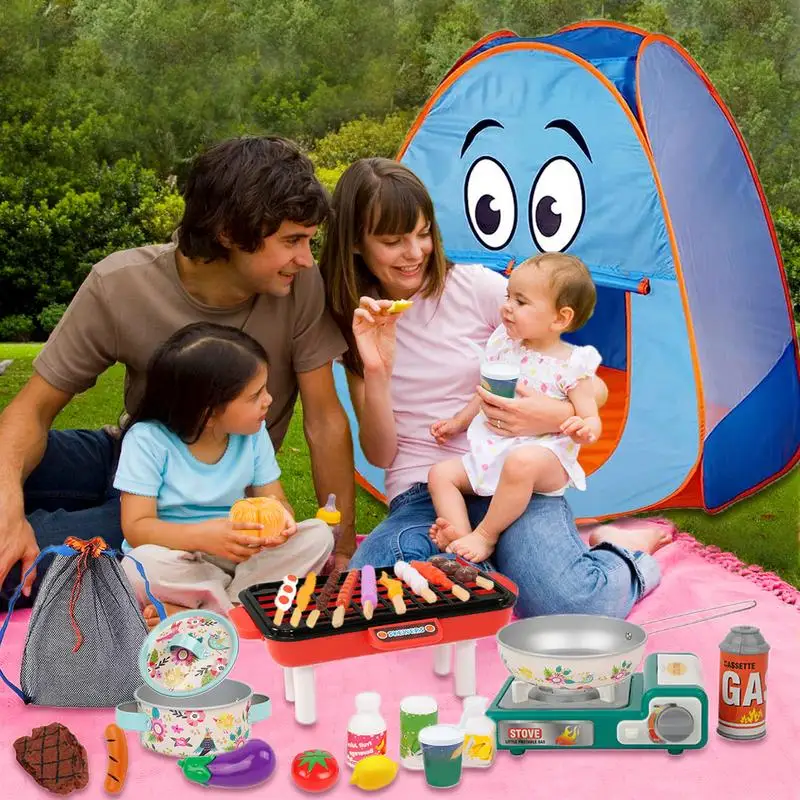 Conjunto de acampamento com Play Tent para crianças, brinquedo ao ar livre com simulação de alimentos, pote, 3 anos indoor, 40pcs