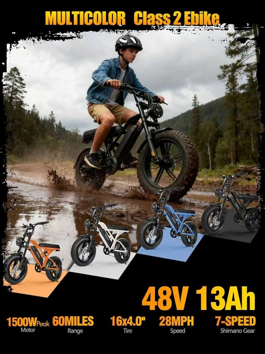 

Electric Dirt Bike 1500W Peak Motor All Terrain Dual Suspension 28MPH 60Mile 16in Fat Tire 48V13Ah 7Speed E Bike Adults Custom