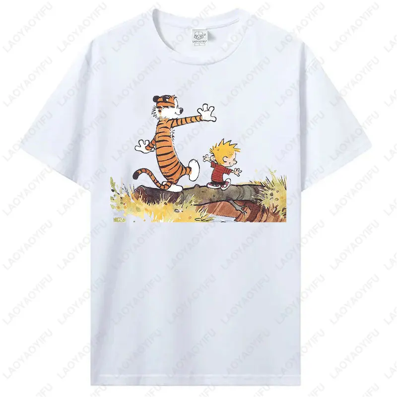 Vintage 90s Calvin and Hobbes Cartoon Comics Tees T-shirt Fashion Y2k Streetwear Men Woman Cotton Short-sleeve Tops Camisetas