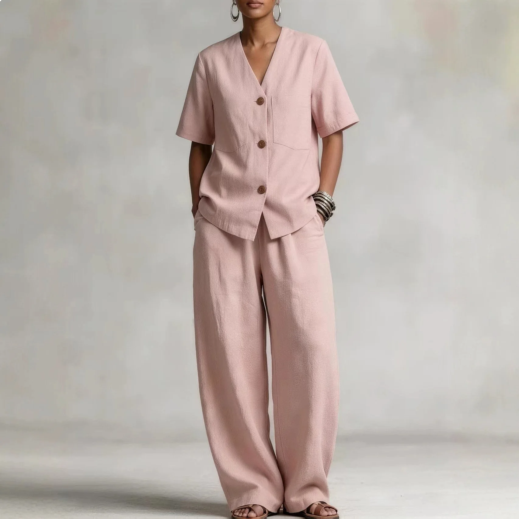 Japanese Retro Collarless Short Sleeve Top Loose Wide Leg Pants Matching Set Women Summer Casual Two Piece Outfit