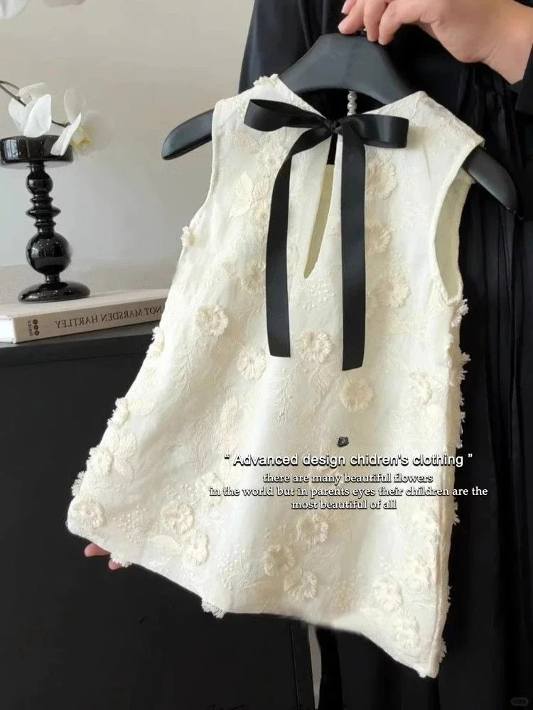 Çocuk Giyim 2024 Yeni Kız Elbise Yaz Çocuk Moda Yay Işlemeli Prenses Elbise Kız Giysileri