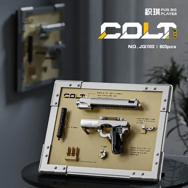 Pistola Colt de escritorio para niños, conjunto de adornos montados en la pared, bloques de construcción, modelo de pistola de juguete MOC, juguete educativo, regalo, 603 Uds.