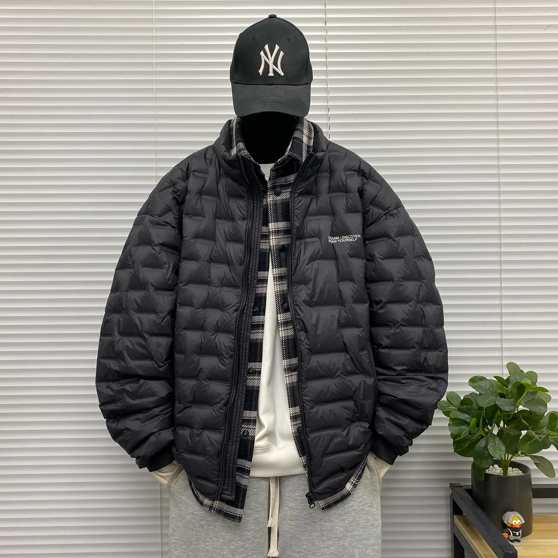 

Men's Quilted Plaid down Jaet Lightweight Warmth Ci Casual Sle Long Sve Zipper Closure ort Length Faux Two-Piece