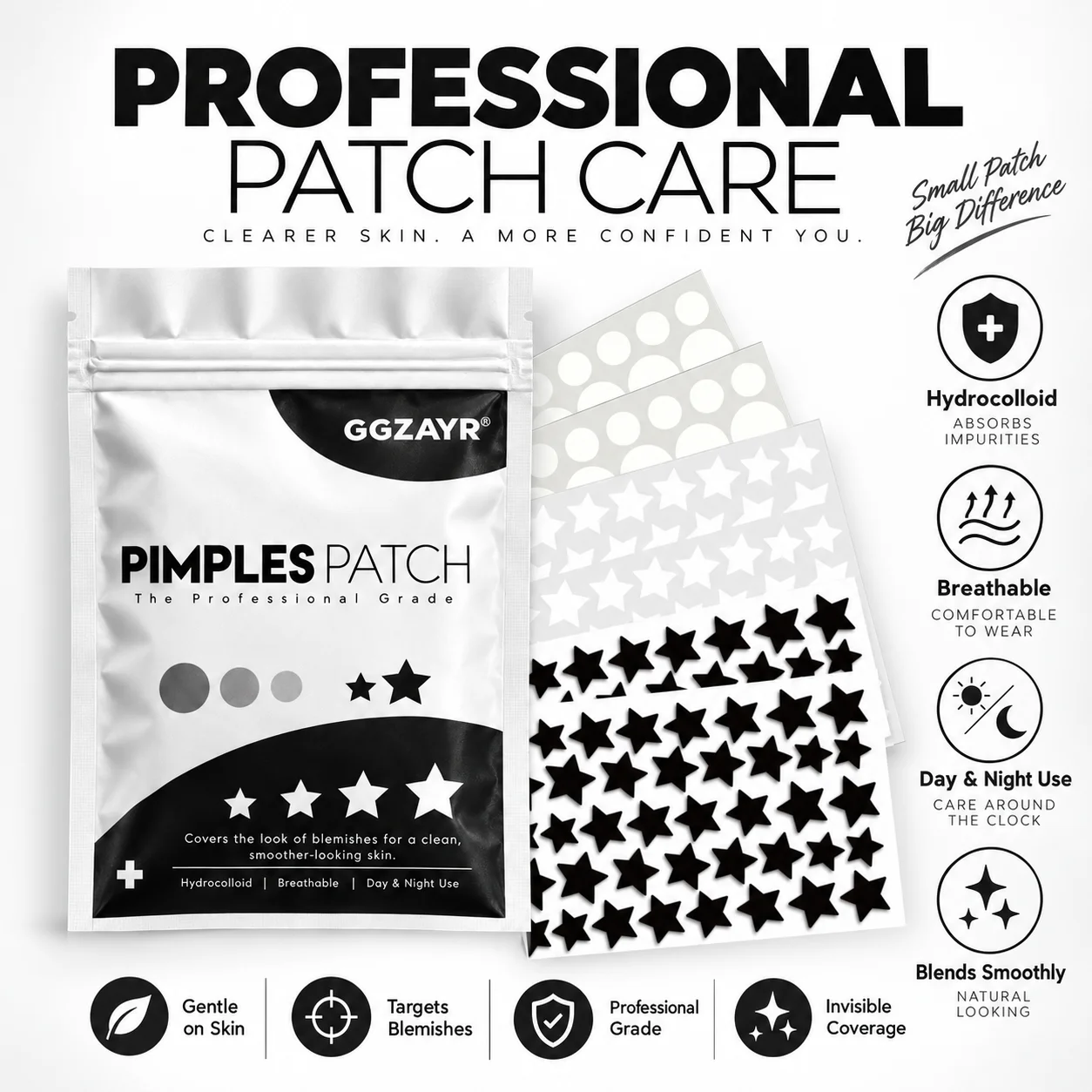 232pcs Black Star Hydrocolloid Acne Patches, Cute Shape Pimple Stickers, Invisible Spot Cover Face Care Patch for Day and Night