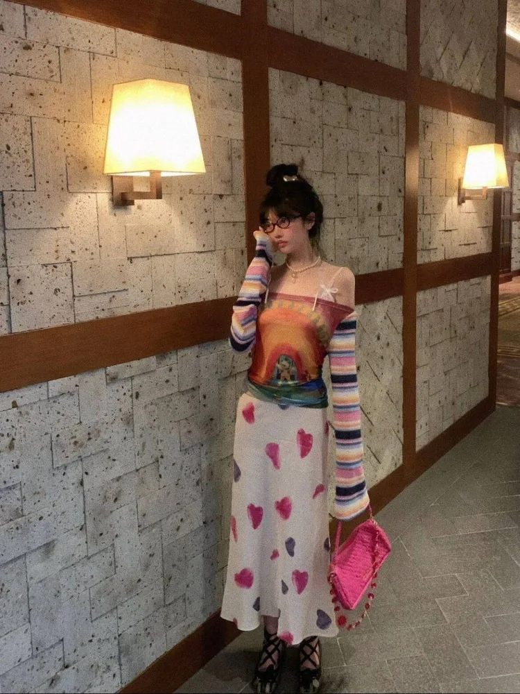 Kimutomo T 셔츠 여성 패치 워크 인쇄 슬래시 넥 섹시한 긴 소매 오프 숄더 Y2k 하라주쿠 빈티지 패션 숙녀