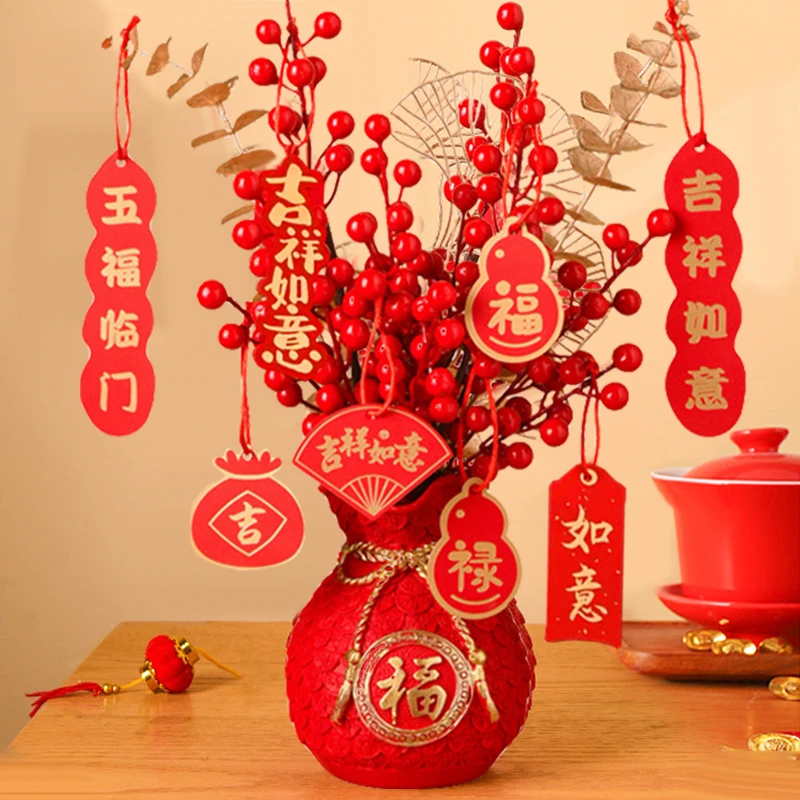 2024 Chinese New Year Home Decor Red Fortune Fruit Artificial Golden Eucalyptus Leaf Spring Festival Ornament Flower Arrangement