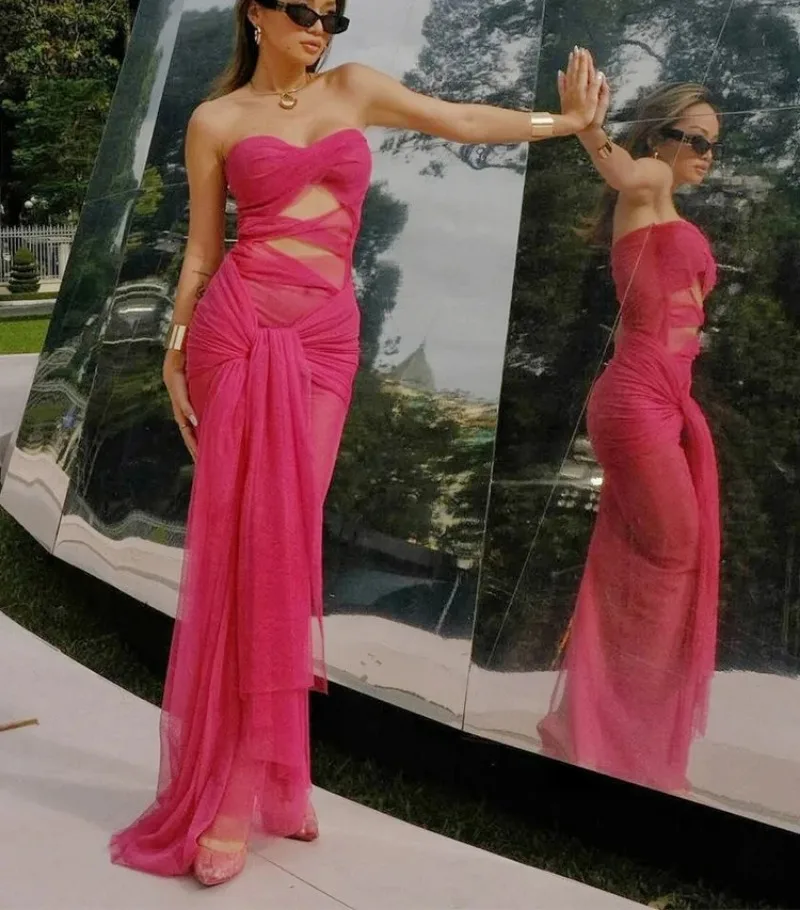 

2025 Fashion Women's Elegant Pink Maxi Dress Sexy Lady Long Dresses Girls Sleeveless Robe Mesh Hollow Out Partywear Streetwear