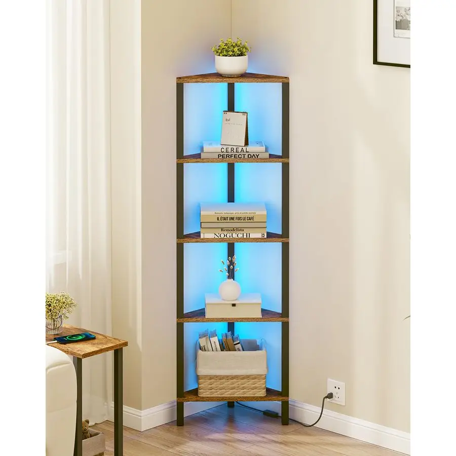 

Corner Shelf with LED Light, 5Tier Corner Bookshelf for Small Space, Narrow Display Corner Shelf Stand with Storage Rack, for Li