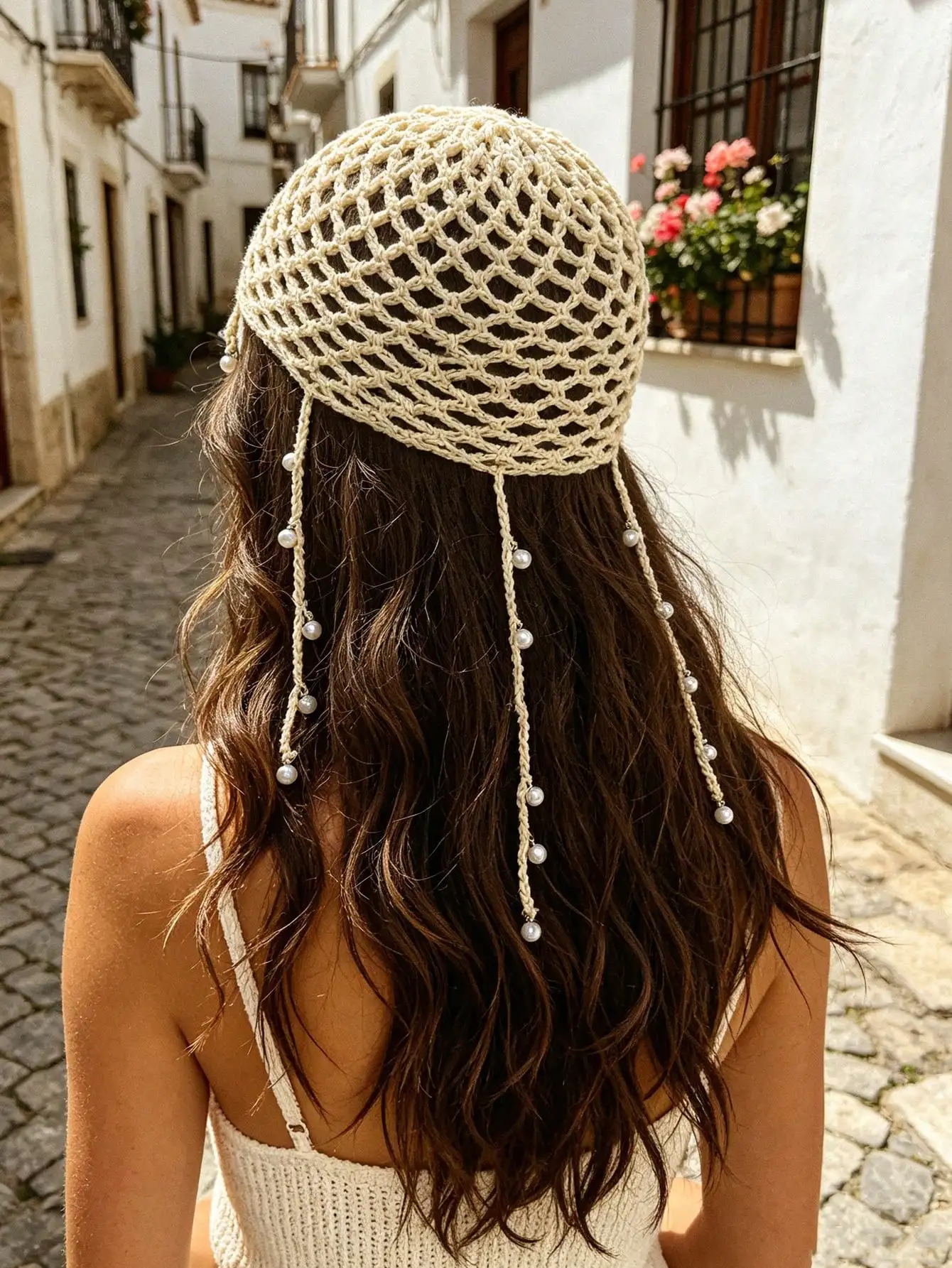 Bohemian Pearl Pendant Hollow Knit Hat Women's Decorative Hat Beach Vacation Travel Accessory Party Decoration Gift For Friends