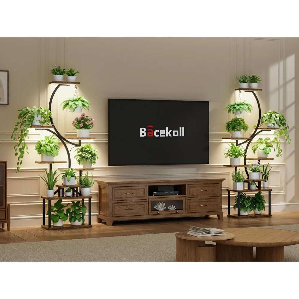 حامل نباتات داخلي طويل القامة مقاس 62 بوصة مع أضواء للنمو، رف على شكل حرف S من 8 طبقات لغرفة المعيشة، رف ديكور أسود