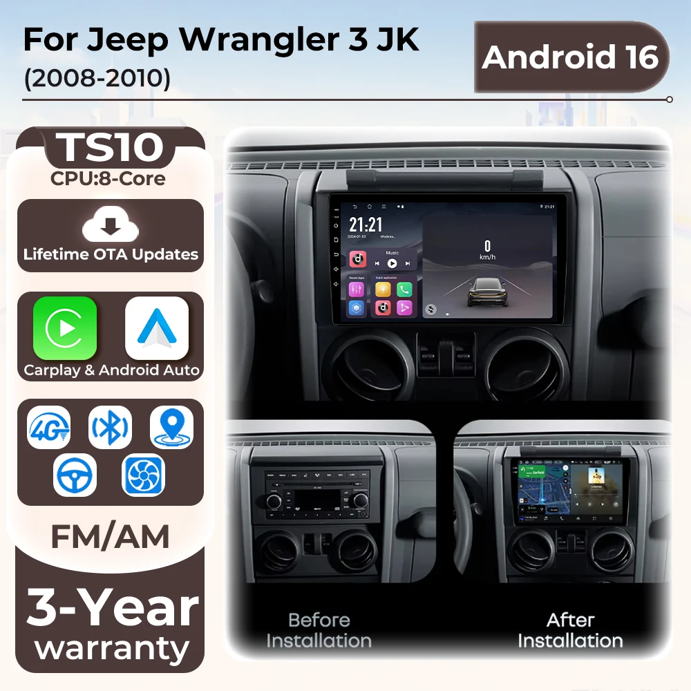 Autoradio Car Radio Carplay For Jeep Wrangler 3 JK 2008 2009 2010 GPS Navigation Touch Screen Plug And Play DSP BT A2DP 2k Video