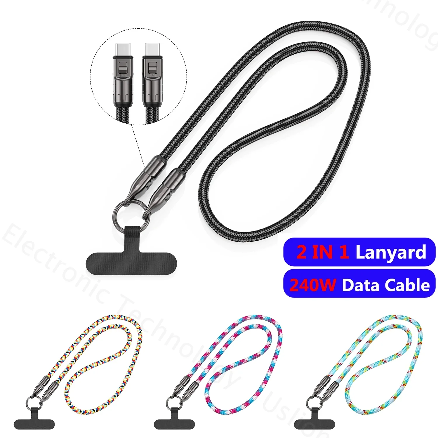 

Portable 2IN1 Lanyard 240W PD3.1 Data Cable for Tablet Laptop Camera Macbook Bold Braid Dual Type C Fast Charging Cord 0.3M 1.2M
