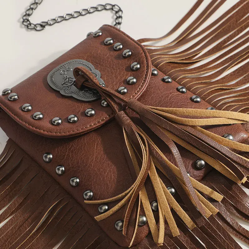 Bohemian Skull Rivet Chain Fringe Tassel Fashion Vintage Women Girl Punk Bags Women\'s Handbags Purses Small Women Shoulder Bags