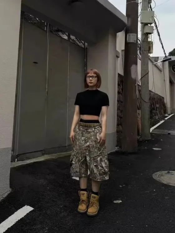 レトロアメリカンストリートウェア原宿プリント枝柄迷彩ルーズストレートカジュアルパンツ七分丈ズボン