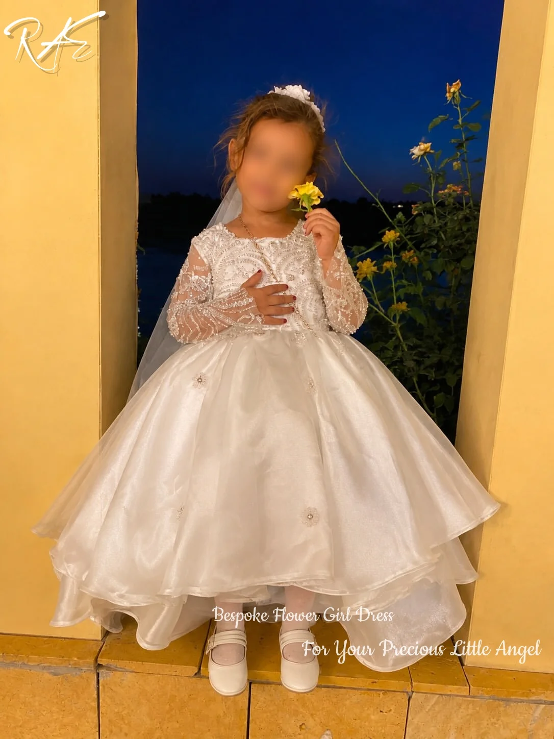 Ivory Lace Long Sleeve Flower Girl Dress Beaded Bodice Satin Layered High Low Hem Wedding Communion Formal Gowns Customized