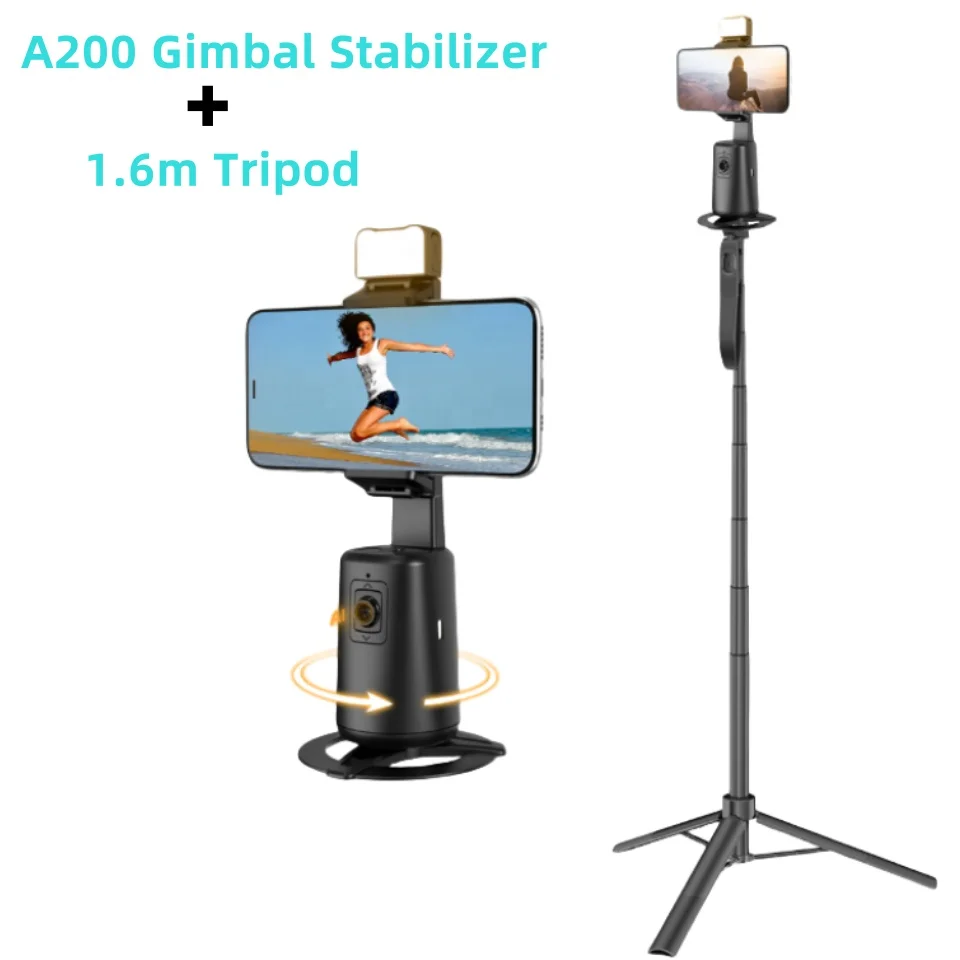 A200 Auto Face Tracking Gimbal 360° Rotation Handphone Stabilizer with 1.6m Selfie Stick Tripod for Vlog Shooting Live Streaming