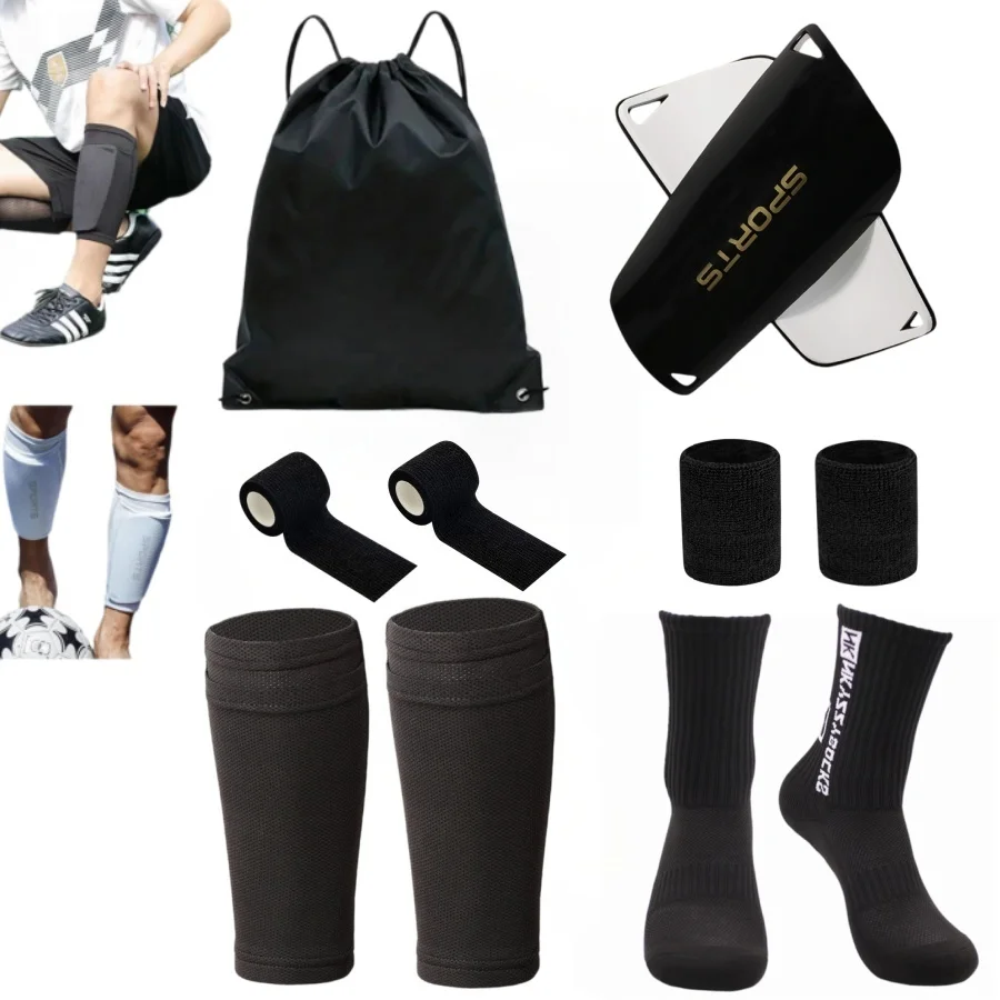 Football Training Protective Kit 6Pcs Adults Soccer Shin Guards Anti-slip Socks Calf Sleeves Self Adhesive Tape Drawstring Bag