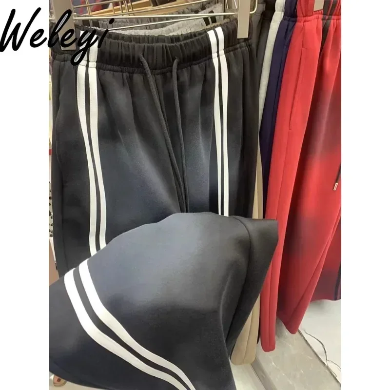 Baggy moda vermelho gradiente cor sweatpants para as mulheres 2024 primavera e outono novo solto esportes cintura alta calças largas perna femme