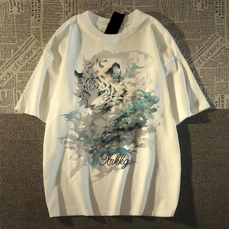 American Retro Cloud Tiger Pure Cotton Short Sleeve T-Shirt Women's Men's 2026 Summer High Street Couple Top Trendy Brand
